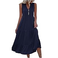 Deal of The Day Clearance Women Summer Flowy Dresses Casual Mid Calf Dress V Neck Button Sleeveless Midi Dress Classy Vacation Sundress Woman Summer Clothes Navy