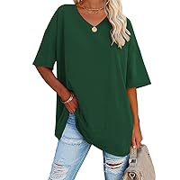Ebifin Women's Striped Oversized T Shirts V Neck Tees Half Sleeve Comfy Cozy Cotton Tunic Tops with Pockets