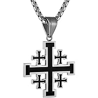 Men's Women's Stainless Steel Crusader Jerusalem Cross Pendant Necklace with 24 Inch Chain