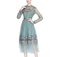 Runway Elegant Women O Neck Tulle Party Long Dress Autumn EN8 Mesh Flowers Sequins Embroidery High Waist Midi Dress