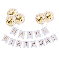 Tellpet White HAPPY BIRTHDAY Banner with 5 pcs Gold Confetti Balloons