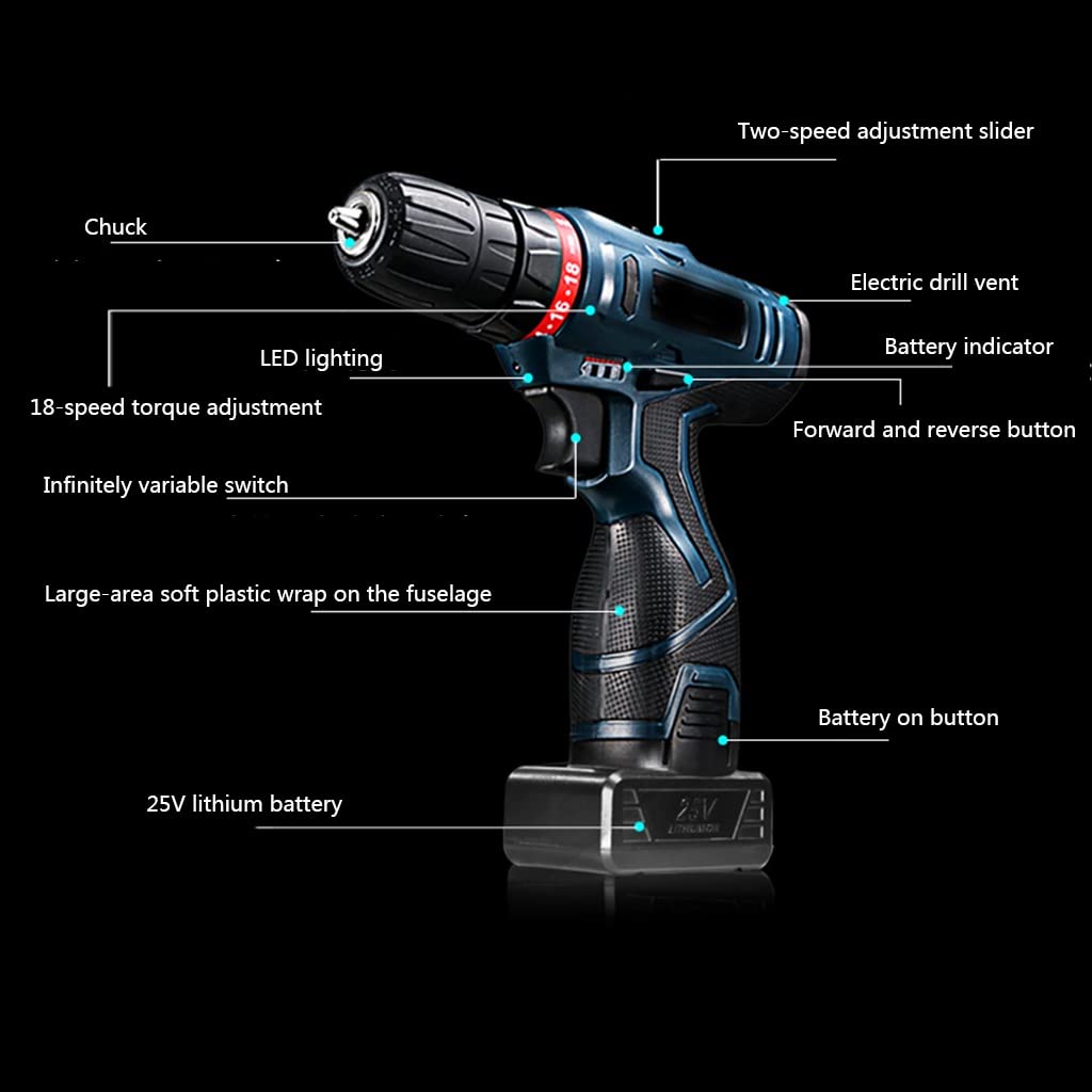Furniture Lithium Battery Hand Drill 25v Rechargeable Flashlight Turn Drill Multi-Function Household Rechargeable Drill Power Tool Screwdriver (Color : Black)