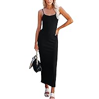Womens Summer Dresses 2024 Ummer Fashion Solid Color Round Neck Slit Sexy Adjustable Straps Camisole Dress