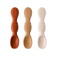 Bumkins Baby Utensil Set, Silicone Trainer Spoons for Dipping, Soft Tip, Self-Feeding, Chew, Baby Led Weaning, First Year Training Supplies, Essentials in Learning Eating, 4 Mos, 3-pk Beige and Brown