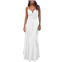 Women's V-Neck Trendy Glamorous Flowy Beach Solid Color Swing Dress Casual Loose-Fitting Summer Sleeveless Long