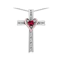 10k Rose Gold Two Tone Love Cross with Heart Stone Pendant Necklace