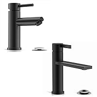 Phiestina One Hole Matte Black Bathroom Faucet, Low Arc Single Handle Faucet, with Metal Pop-up Drain and Water Supply Line, BF01052-N1-MB+FH-02-MB
