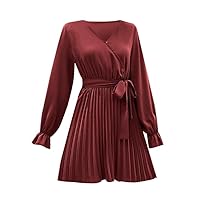 Women's Summer Dresses Casual Fashion Ladies Solid Color V Neck Long Sleeve Skirt Pleated Tie Dress(Red,Large)