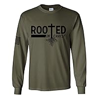 Rooted in Christ Tree Roots Mens Christian Long Sleeve T-Shirt Graphic Tee