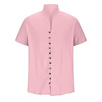 2024 Linen Shirts for Men Henley Short Sleeve Casual Stand Collar Button Vintage Beach Hawaiian T Shirt Summer Top