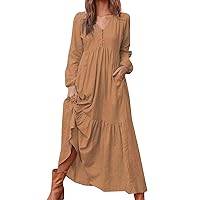 Autumn Womens Button Cotton Retro Casual Long Sleeve Dress Beach Dress Plus Size