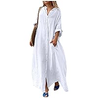 Womens Dresses Fall 2023 Plus Size Casual Fashion Solid Color Long Dress Casual Hemp Large Dress with Pockets