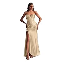 Elegant Strapless Prom Dress for Women Long Mermaid Satin Bridesmaid Dresses with Slit KN1291