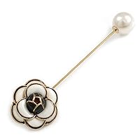 White/Black Enamel Rose Flower with Pearl Bead Lapel, Hat, Suit, Tuxedo, Collar, Scarf, Coat Stick Brooch Pin In Gold Tone Metal/80mm Long