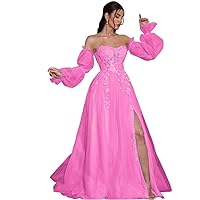 Tulle Prom Dresses Long for Women 2024 with Removable Sleeves Laces Appliques Puffy Evening Ball Gown