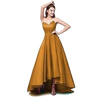 Women's High Low Stain Prom Dress Strapless A Line Party Evening Dress with Pockets