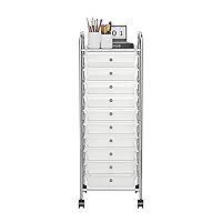 Storage Cart, Rolling Utility Cart with 10 Drawers, Portable Handles & Lockable Wheels, Mobile Paper Toys Storage Organizer Large Capacity for Home Office School Teacher (Clear)