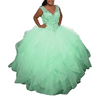 Women's V-Neck Beaded Sweet 16 Ball Gown Prom Quinceanera Dress
