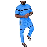 African Men Clothing Set Dashiki Short Sleeve Shirt Blouse+ Ankara Pants Tracksuit Outfit Attire Pockets