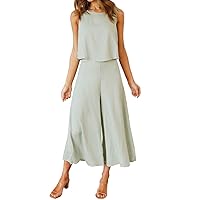 ROYLAMP Women's Summer 2 Piece Outfits Round neck Crop Basic Top Cropped Wide Leg pants Set Jumpsuits