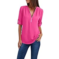 My Recent Order Women V Neck Dressy Tops Rolled Sleeve Casual Blouses Half Zip Solid T Shirt Elegant Work Shirts Loose Fit Tee Top Black Tops for Women Summer