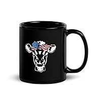 Black Ceramic Mug 11 oz Cool Cow with USA American Flag Bandana Vegan Clothing Herbivore | Vegetarian 2