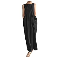 Women's Beach Dress Casual Loose-Fitting Summer Solid Color Sleeveless Long Flowy Round Neck Trendy Glamorous Swing