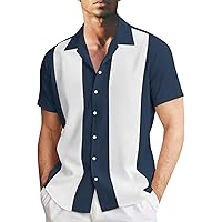 Men's Vintage Bowling Shirts Summer Short Sleeve Button Down Cuba Beach Shirts Casual Wrinkle-Free Hawaiian Shirt