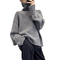 Women Casual Loose Cashmere Sweater Turtleneck Knitted Solid Color Long-Sleeved Wool Pullover