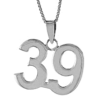 Sterling Silver Number 39 Necklace for Jersey Numbers & Recovery High Polish 3/4 inch, 2mm Curb Chain