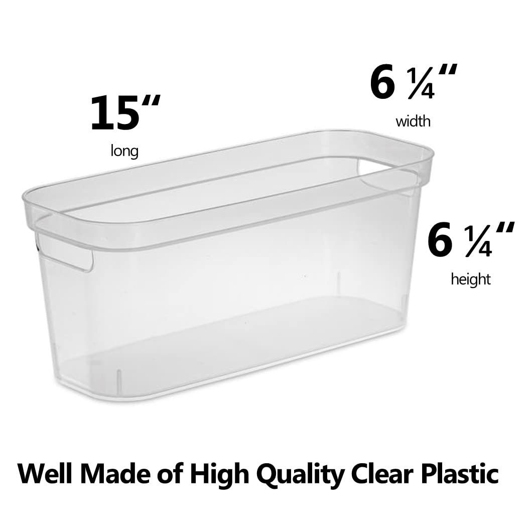 Modern Narrow Organizer Storage Bin, Clear Plastic Household Storage Container for Kitchen Pantry storage, Under Sink Bin, Bathroom/Laundry Room - Made In USA - 2 Pack (Narrow - 15” X 6” X 5”)