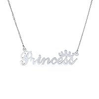 Bling Jewelry Personalized Sideways Station Necklace Dainty Cursive Script Letters Tiara Crown & Princess Word Necklace Pendant For Women Daughter Girlfriend Polished .925 Sterling Silver