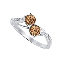 Round Cut Smoky Quartz & White Diamond 18k Gold Over .925 Sterling Silver Two-Stone Engagement Band Rings for Women's