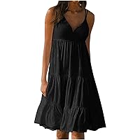 Women Trendy Tiered Ruffle Knee Length Cami Dresses Summer V Neck Sleeveless Casaul Solid A-Line Dress for Vacation