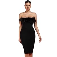 Whoinshop Women's Sexy Off Shoulder Feather Bandage Evening Club Party Dress