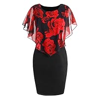 NP Women's Dress Lady Rose Flower Print Cape Bodycon Knee Length Dress Knee Length