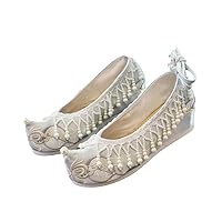 Pearls Tassel Women Cotton Fabric Embroidered Chinese Style Flat Platforms Slip On Pointed Toe Retro Bridal Shoes Light Blue 9.5