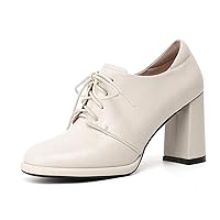 TinaCus Women's Genuine Leather Square Toe Handmade Lace-Up High Chunky Heels Chic Oxford Shoes with Platform