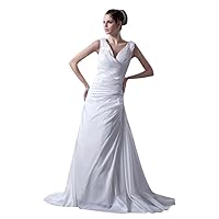 White Elegant V Neck Sleeveless Ruching Taffeta Dress For Beach Wedding