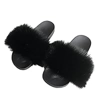 Real Fur Slides for Women Fluffy Slides Fuzzy Sandals Open Toe Fox Fur Slippers Furry Flip Flops Indoor Outdoor Shoes
