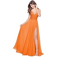 Women's Spaghetti Strap Lace Applique Prom Dress Chiffon with Slit Formal Party Gowns