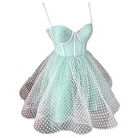 Women's Sparkly Tulle Illusion Prom Homecoming Dresses Short Spaghetti Strap Cocktail Dance Dress