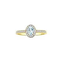 Halo Ring with Diamond & Birthstone - 6X4MM Oval Gemstone Yellow Gold Plated Silver - Elegant Jewelry for Women - Available in Sizes 5-10