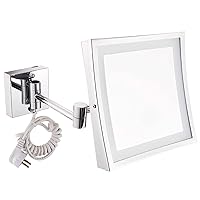 Silver Square Wall Mounted Makeup Mirror with LED Lighted, 3X Magnifying 8.5 Inches, for Bedroom Bathroom Hotel, Powered by Plug
