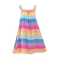 Little Girls Summer Rainbow Ruffle Suspender Dress Bow Neckline Girls Fashion Sleeveless Casual Soft Home Dress