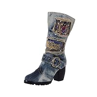 Women and Ladies Sequins and Embroidery Fall & Winter Denim Knee Boot Shoe