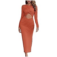 Long Sleeve Dress for Women Sexy Elegant Round Neck Ruched Waist Hollow Out Solid Color Side Slit Dress Spring Fall