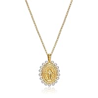 18ct Gold Vermeil Freshwater Pearl Miraculous Communion Medal Necklace for Girls. Ideal for Baptism, First Communion Gifts, Quinceañera, Flower Girl and Bridesmaid Gifts
