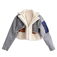 Women's Winter Faux Fur Patchwork Denim Jacket Crop Warm Color Block Lapel Padded short maxi Coat