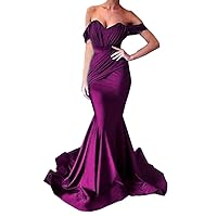 VeraQueen Women's Off Shoulder Mermaid Prom Dress Satin Pleated Formal Evening Dress Bridesmaid Prom Gowns